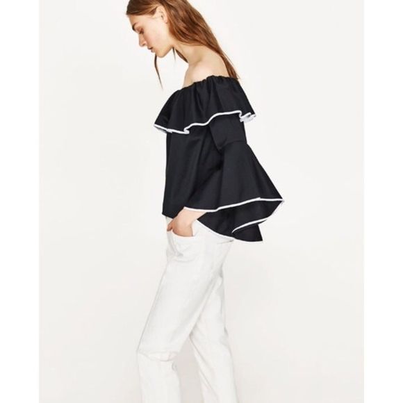 ZARA Off the Shoulder Ruffle Black w/ White Piping Long Bell Sleeve Top - Picture 3 of 9